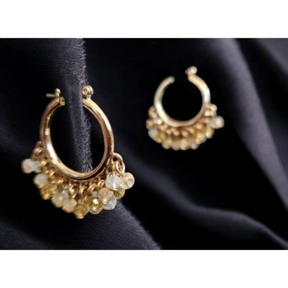Goldtone with White and Gold Dangling Gemstone Hoop Earring - Picture 1 of 4